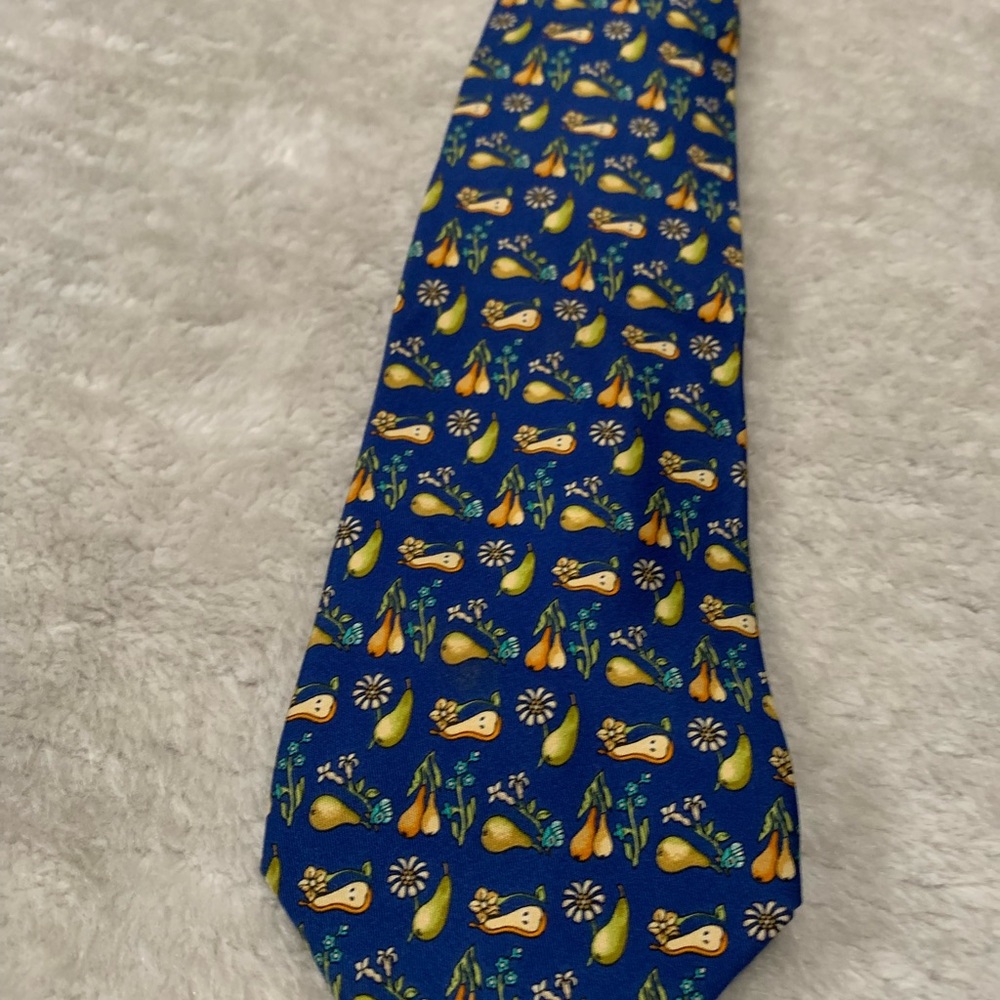 Salvatore Ferragamo Mens Silk Neck‎ Tie Pear Fruit Print Blue - Picture 4 of 5